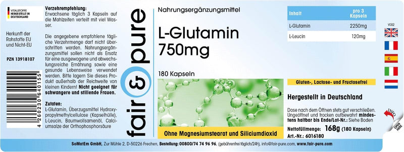 Fair & Pure® - L-Glutamine capsules 750mg - amino acid in free form - vegan - 180 capsules - NewNest Australia