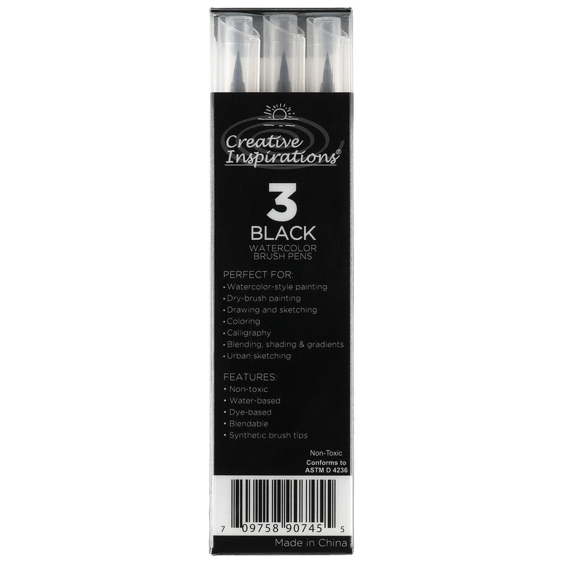 Creative Inspirations Watercolor Brush Pen Set - Water-Soluble Pens for Painting and Coloring - Set of 3 Black Brush Pens - NewNest Australia