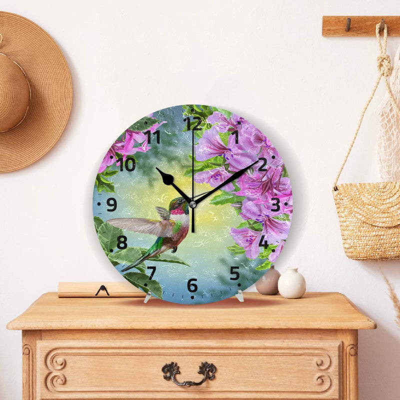 NewNest Australia - Wamika Hummingbirds Bird Flower Wall Clock Battery Operated Non Ticking Silent Round Acrylic Spring Summer Bird Purple Floral Quartz Decorative Clock for Kitchen Home Office School Easy to Read Hummingbird 