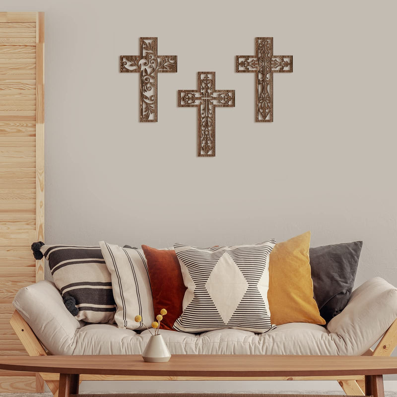 3 Pcs Wooden Wall Hanging Cross Handmade Antique Cross Hanging Decor Religious Cross Decorations for Wall Brown Wooden Cross Home Decor Hand Carved Wall Crosses for Living Room Nursery Wedding - NewNest Australia