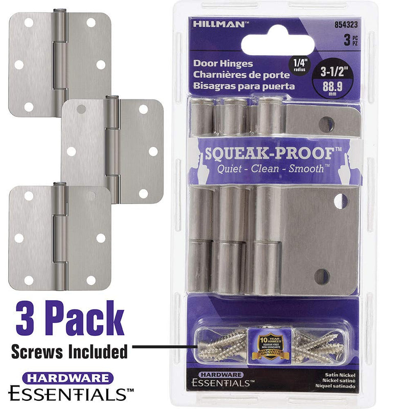 Hardware Essentials 854323 Smooth Corner Squeak-Proof Door Hinges, 3-1/2 inch, 3-1/2", Satin Nickel, 3 Pieces - NewNest Australia