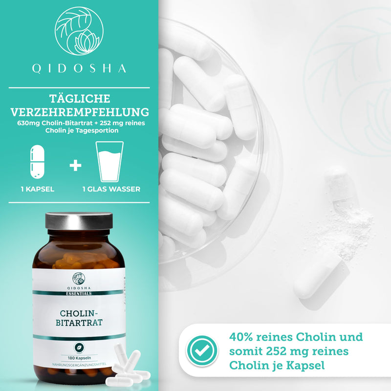 QIDOSHA® choline bitartrate capsules high dosage, 180 capsules in a pharmacist jar, full 630mg choline bitartrate per capsule, vegan, laboratory tested, German production - NewNest Australia