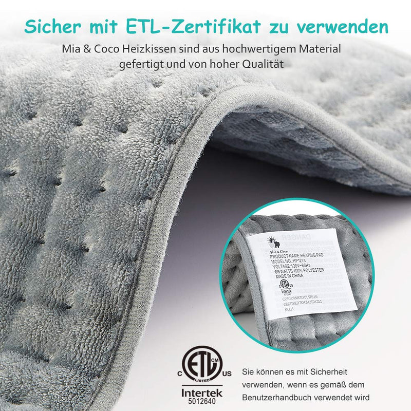 Mia&Coco heating pad with automatic switch-off 1.5 hours for back, neck, shoulder, electric heat pad, 10 levels, temperature settings, fast heating technology, 30x60cm comfort grey - NewNest Australia