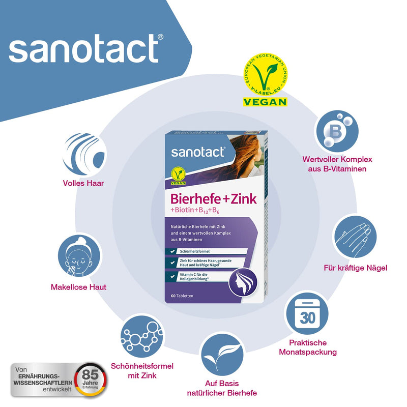 Sanotact Brewer'S Yeast + Zinc, 8 X 60 Tablets, Skin Hair, Nails, Vegan, Hair Vitamins With Brewer'S Yeast, Zinc, Biotin, B12, B6, Highly Effective Intensive Beauty Formula - NewNest Australia