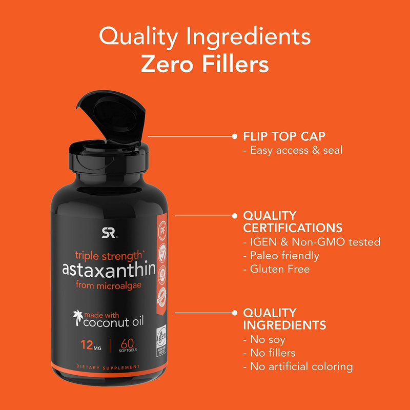 Triple Strength Astaxanthin (12mg) with Organic Coconut Oil | Non-GMO, Soy & Gluten Free - 60 Mini Softgels (2 Month Supply) 60 Count (Pack of 1) - NewNest Australia