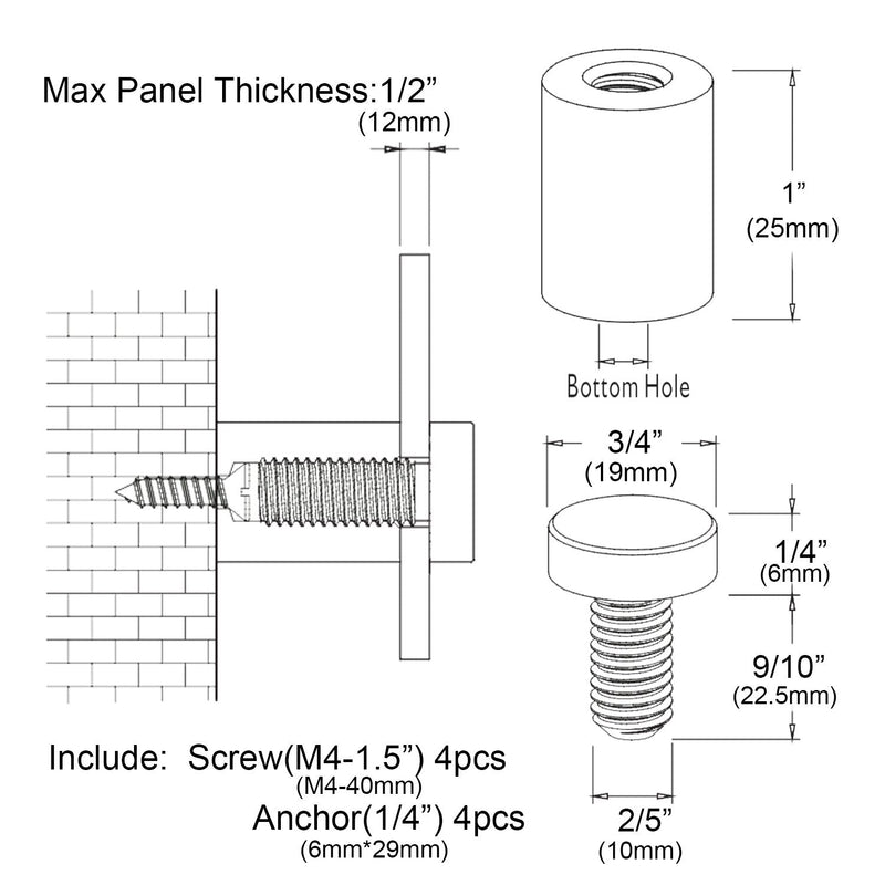 TOPNIKE Sign Standoff 3/4"x 1", Store Sign Holders Screws, Black Aluminum, for Acrylic, Glass, PVC, Glass Panel, Wood with 2 pcs Spacers, Pack of 4 - NewNest Australia