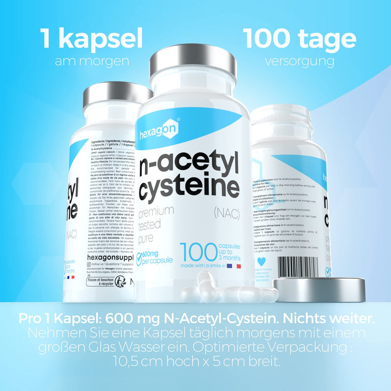 Nac N-Acetyl-Cysteine 600 Mg - +3 Month Treatment - Antioxidant & Detoxifier - Boost Glutathione - Liver Detox & Protection - 100 Vegetarian Capsules - Vegan - No Additives - Hexagon - NewNest Australia