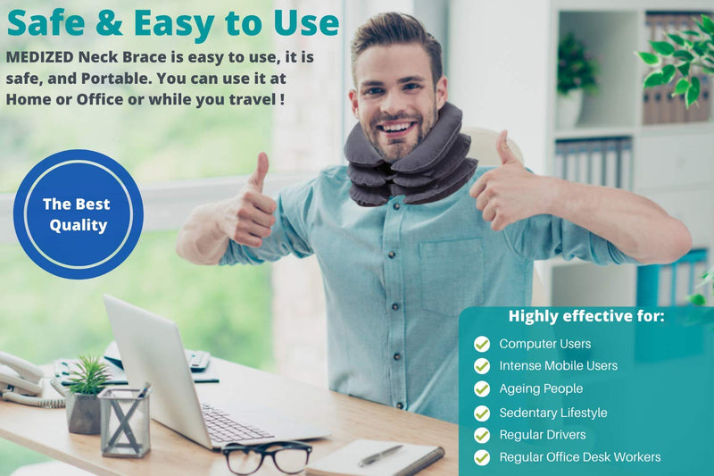MEDIZED® Cervical Neck Stretcher Traction Device, Neck Support Brace, Inflatable & Adjustable Neck Support Pillow is Ideal for Spine Alignment & Chronic Neck Pain Relief Grey - NewNest Australia