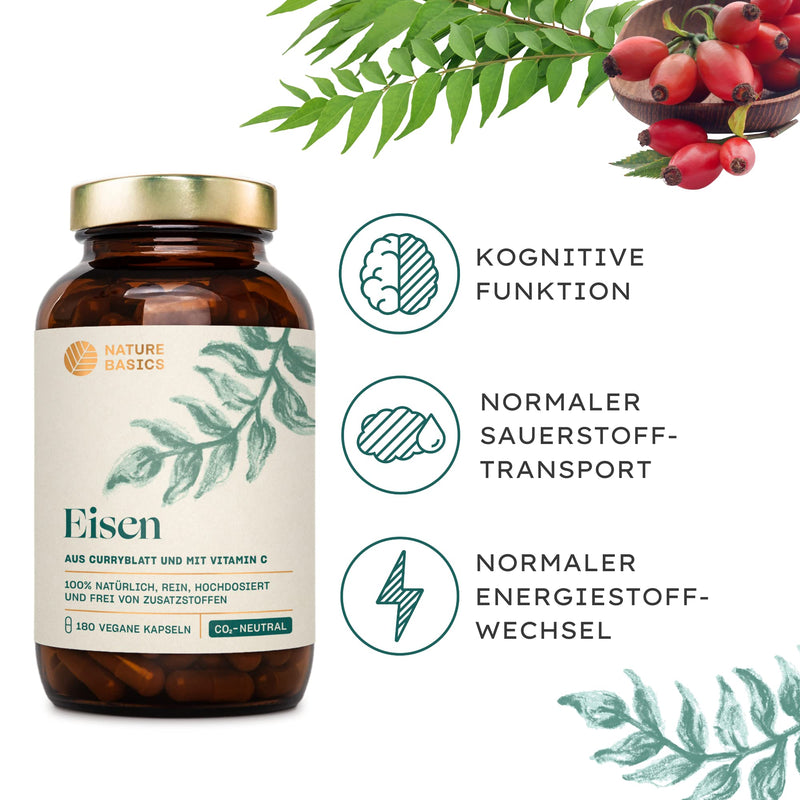 Nature Basics® natural iron certified & sustainable in a glass | 180 capsules high dose | 14mg iron & 80mg vitamin C per capsule | purely from curry leaf & rose hip | without additives & from DE - NewNest Australia