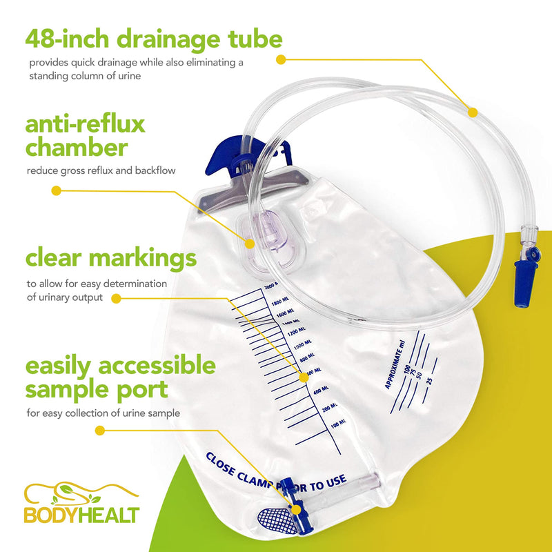 BodyHealt Urinary Drainage Bag with Anti-Reflux Chamber, 2000 mL Vinyl with 48" Drainage (1 Pack) Pack of 1 - NewNest Australia