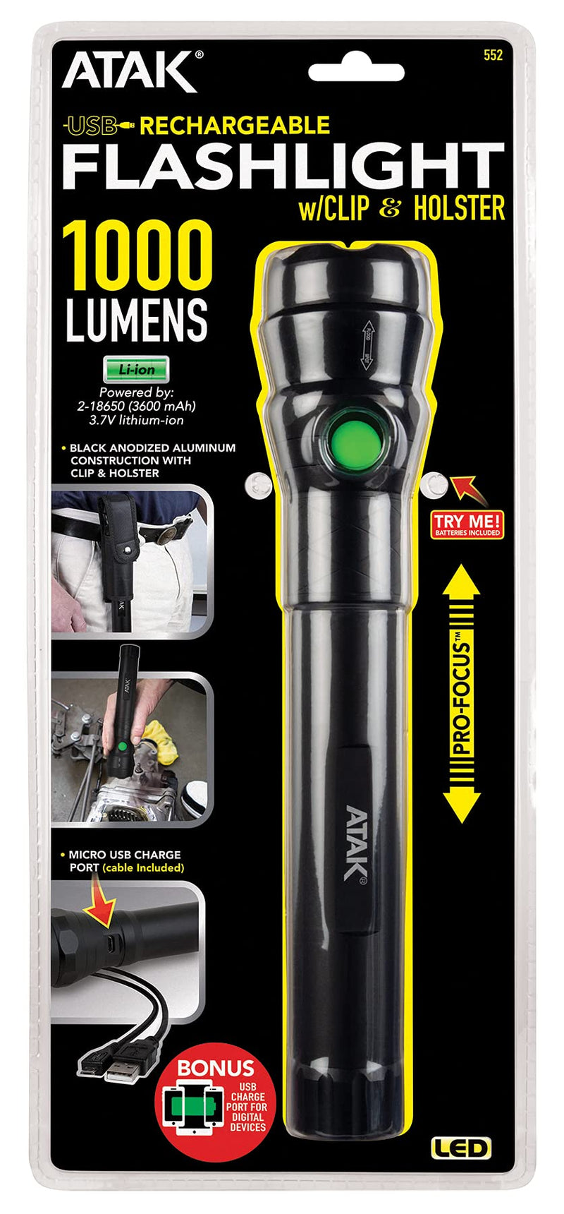 ATAK Model 552 Pro-Focus 1000 lumens Black LED Lithium-Ion Rechargeable Flashlight - NewNest Australia