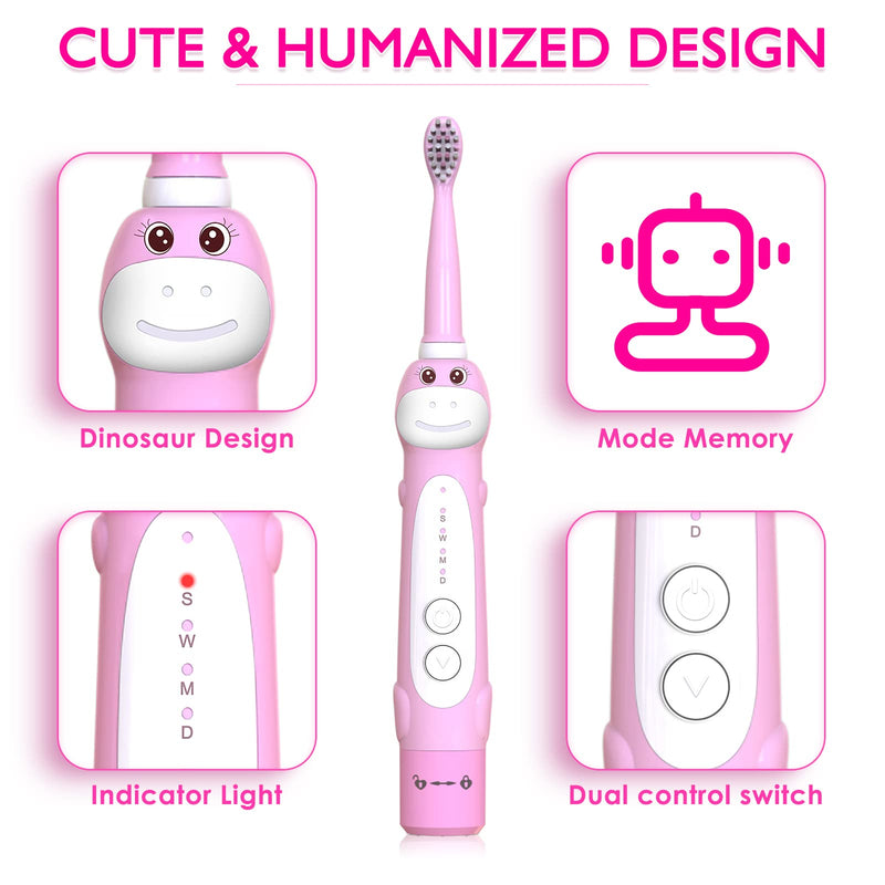 Dinosaur Toothbrush, Kids Sonic Electric Toothbrush for Children, Toddlers Boys Girls Age 3-12 with 30s Reminder, 2 Mins Timer, 5 Modes, 6 Brush Heads, Rechargeable, Wall-Mounted Holder 8680 Pink+ 6 Heads+ Holder(package Might Vary) - NewNest Australia