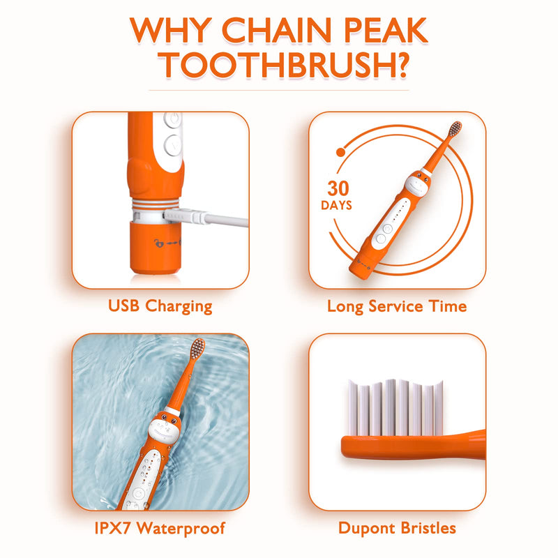 Dinosaur Toothbrush, Kids Sonic Electric Toothbrush for Children, Toddlers Boys Girls Age 3-12 with 30s Reminder, 2 Mins Timer, 5 Modes, 6 Brush Heads, Rechargeable, Wall-Mounted Holder 8680 Orange+ 6 Heads+ Holder(package Might Vary) - NewNest Australia