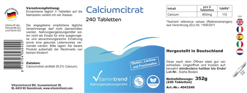 Calcium 900mg - made from calcium citrate - 240 vegan calcium tablets - high dosage | Vitamintrend® - NewNest Australia