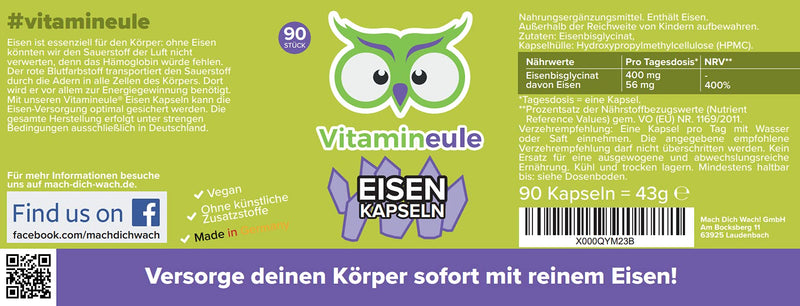 Iron capsules - 56mg high dose - iron bisgylcinate/iron chelate - quality from Germany - vegan - laboratory tested - without additives - chelated iron - small capsules instead of tablets - Vitamineule® - NewNest Australia