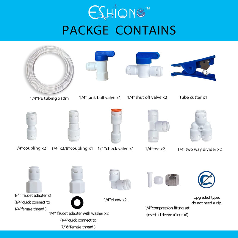 ESHIONG 20 pcs 1/4" O.D. RO (Reverse Osmosis)Water Filter Tube Fittings（NSF Certified Plastic Push Fit Quick Connect Fridge Installation Kit）+10 meters（32 feet）NSF Certified tubing pipe. 20 pcs fittings & 32 feet tube - NewNest Australia