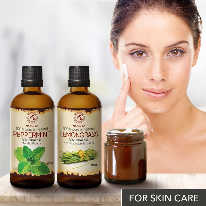 Essential Oils Set - 2 X 100 Ml - Aromatherapy Essential Oils Set With Peppermint Oil And Lemongrass Oil - Oils For Aroma Diffusers And Soaps - Outdoor Protection With Lemongrass Oil - Oil For Diy - NewNest Australia
