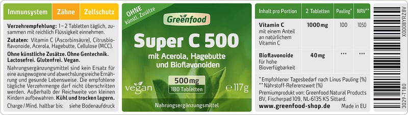 Greenfood - Super C capsules - 500 mg vitamin C - high dosage - 180 vegan tablets - with acerola, rose hip and bioflavonoids - for the immune system 180 pieces (pack of 1) - NewNest Australia