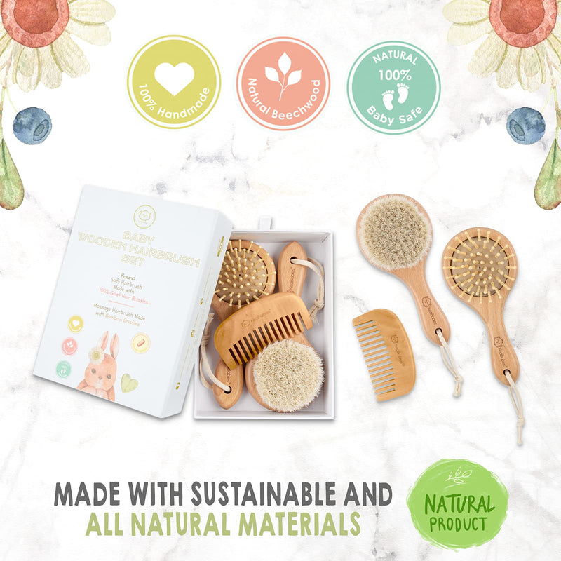 Baby Hair Brush and Baby Comb Set - Wooden Baby Brush with Soft Goat Bristle - Toddler Hair Brush Baby Brush and Comb Set - Baby Brush Set for Newborns - Infant Hair Brush, Cradle Cap (Round, Walnut) Round - NewNest Australia