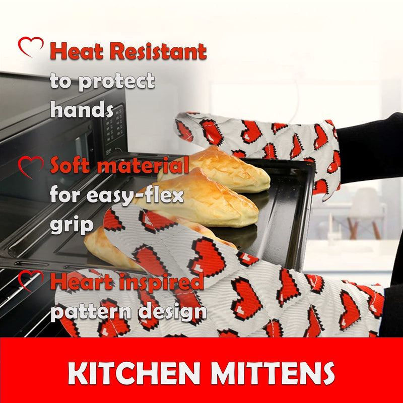 Heat Resistant Oven Mitts - Quilted Kitchen Gloves - Red Heart Design Pattern - NewNest Australia