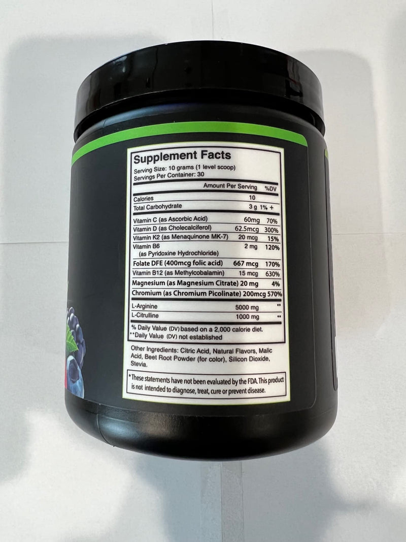 L-Arginine 5000mg + L-Citrulline 1000mg Complex Powder Supplement - Nitric Oxide Booster - Blood Pressure Support - Berry Flavored - 300g - BlueEarth Company - NewNest Australia