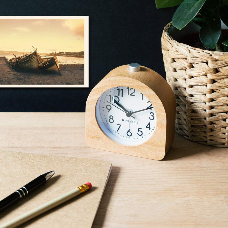 NewNest Australia - Navaris Wood Analog Alarm Clock - Half-Round Battery-Operated Non-Ticking Clock with Snooze Button and Light - Light Brown 