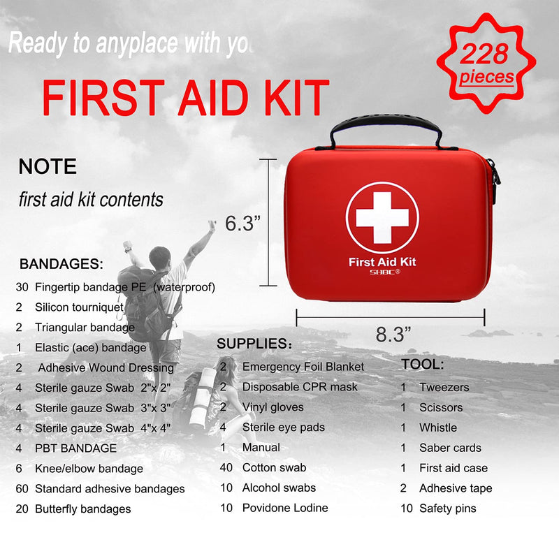 Shbc Compact First Aid Kit (228 Pieces) Designed For Family Emergencies. Waterproof Eva Case&Bag Is Ideal For The Car, Boat, Hiking, Travel, Office, Sports, Hunting. Protect Your Loved Ones, Red - NewNest Australia