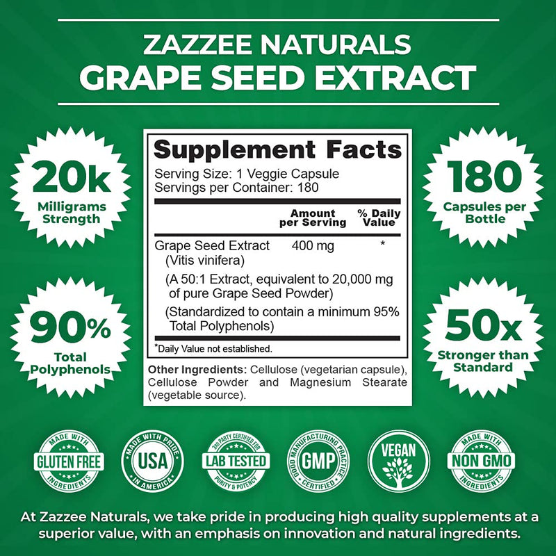 Zazzee Grape Seed Extract 20,000 mg Strength, 180 Vegan Capsules, 95% Polyphenols (Proanthocyanidins), Potent 50:1 Extract, 400 mg per Capsule, 6 Month Supply, Non-GMO and All-Natural - NewNest Australia