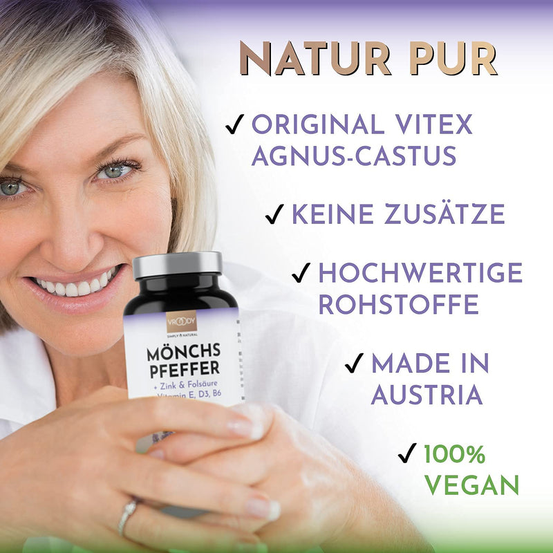 High-dose monk's pepper - 180 small Agnus Castus tablets + folic acid, zinc, vitamin E, D3, B6 & calcium - 6 month supply, vegan & free of additives Made in Austria by VROODY - NewNest Australia