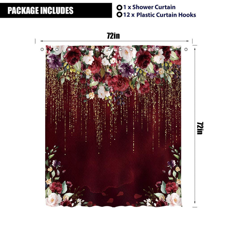 LIGHTINHOME Red Floral Shower Curtain Burgundy Flower Rose Golden Glitter Wedding Bridal Elegant Fabric Waterproof Bathroom Home Decor Set 72x72 Inch 12 Plastic Hooks 72Wx72H - NewNest Australia