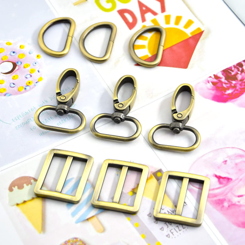 MELORDY 15Pcs Metal Swivel Snaps Hooks with D Rings and Tri-Glides Slide Buckles for Key Lanyard Purse Bag Straps Dog Collars DIY Sewing Hardware Craft (1 inch,Brass) 1 inch Brass - NewNest Australia