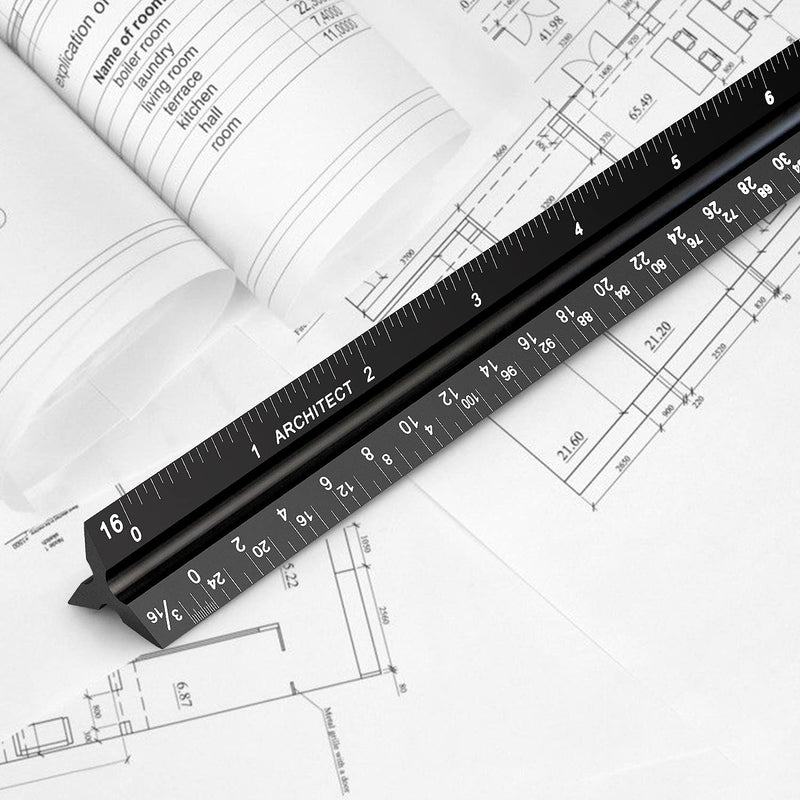 12" Architectural Scale Ruler Aluminum Architect Scale Triangular Scale Ruler for Architects, Draftsman, Students and Engineers, Black - NewNest Australia