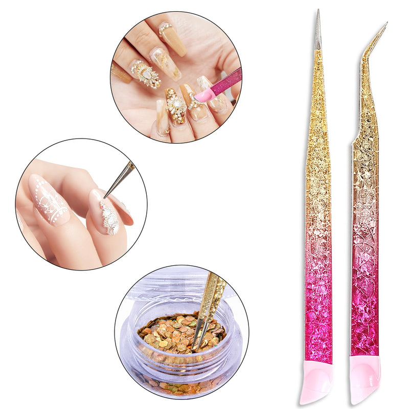 Ouligay 2 X Double Ended Nail Art Tweezers For Women Stainless Steel Tweezers Straight Curved Tip Tweezers With Silicone Pressing Head For Nail Craft Rhinestone Sticker Jewel Gemstone Picker Tool - NewNest Australia
