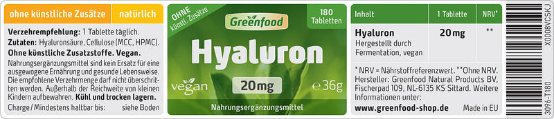 Hyaluron, 20 Mg Pure Hyaluron, High Dosage, 180 Tablets, Vegan - Component Of Skin, Connective Tissue And Joints. No Artificial Additives. No Genetic Engineering. - NewNest Australia