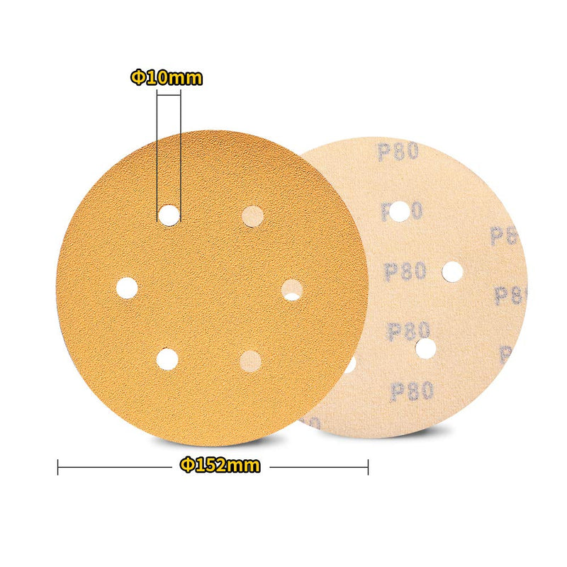 SPEEDWOX 50 Pcs Sanding Discs 6 Inches 80 Grit 6 Hole Hook and Loop Sandpaper Dustless Fit for Random Orbital Sander Yellow Finishing Discs for Automotive Woodworking - NewNest Australia