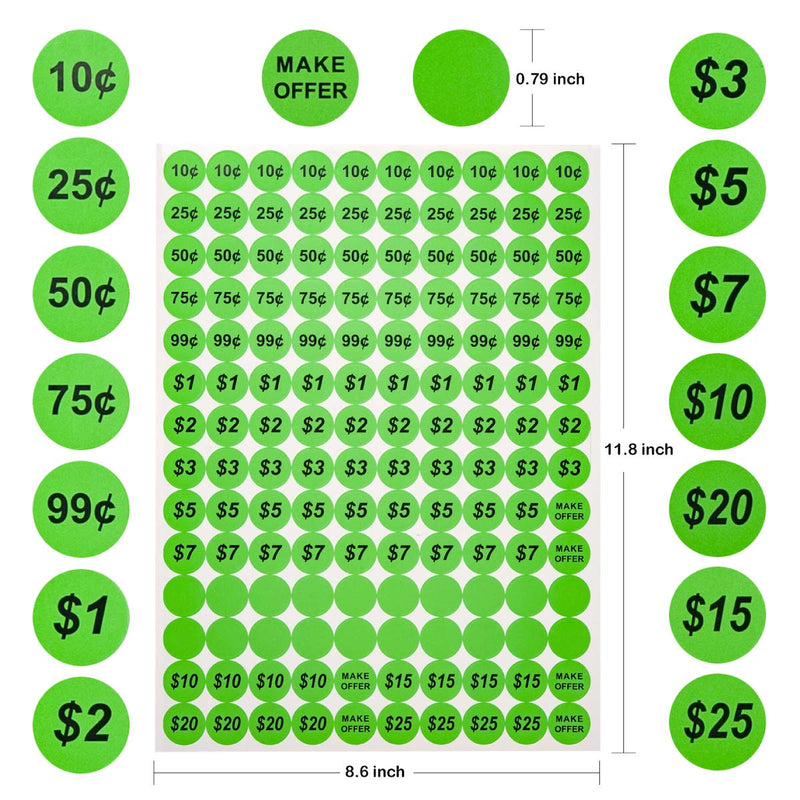 Anronal 2520 Count Garage Sale Pricing Stickers Removable Yard Sale Labels with Prices, 3/4" Round Preprinted Pricing Labels Price Stickers (Green) Green - NewNest Australia