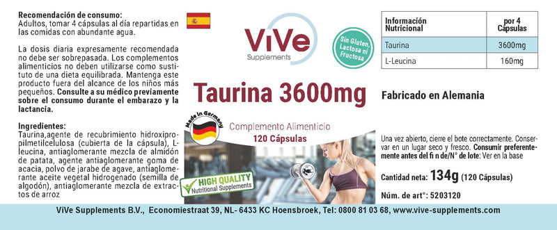 Taurine 3600mg daily consumption - 120 capsules - 900mg taurine per capsule - high dosage and vegan | Quality from Germany from ViVe Supplements - NewNest Australia