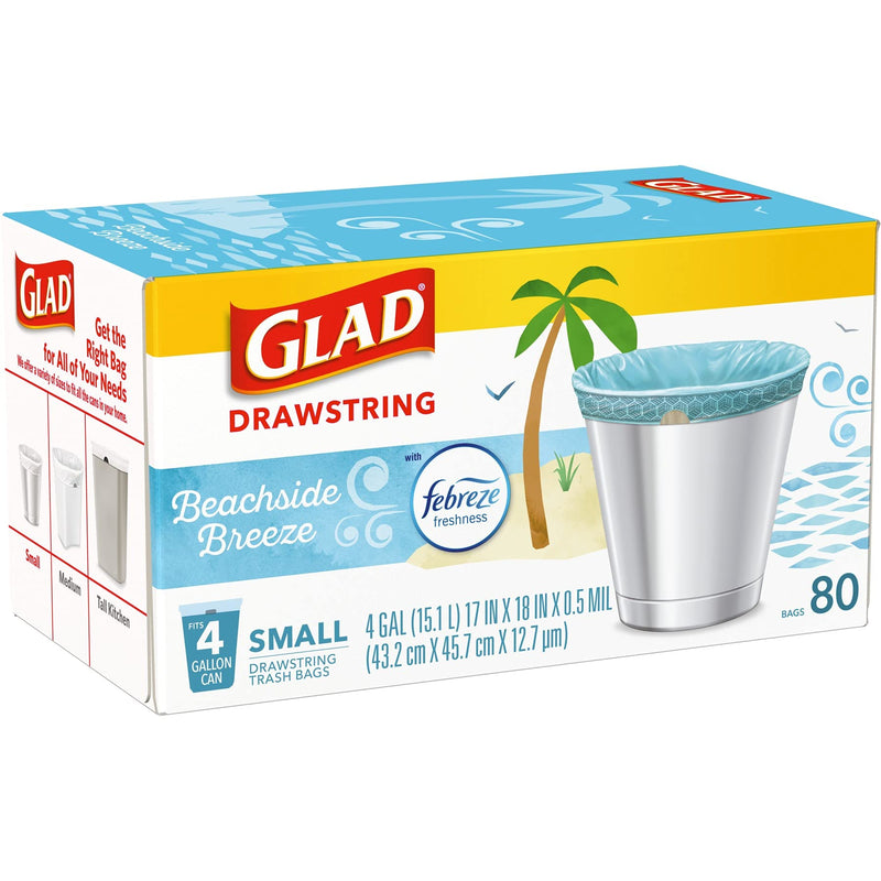 Glad Small Kitchen Drawstring Trash Bags 4 Gallon Green Trash Bag, Febreze Beachside Breeze, 80 Count (Package May Vary) Febreeze Beachside Breeze - NewNest Australia
