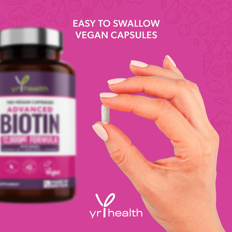 Biotin Hair Growth Supplement 12,000mcg with Coconut Oil, Vitamin C & Folic Acid - 180 Vegan Capsules Hair Vitamin b7 Biotin Nails Hair and Skin for Men and Women - Made in UK by YrHealth - NewNest Australia
