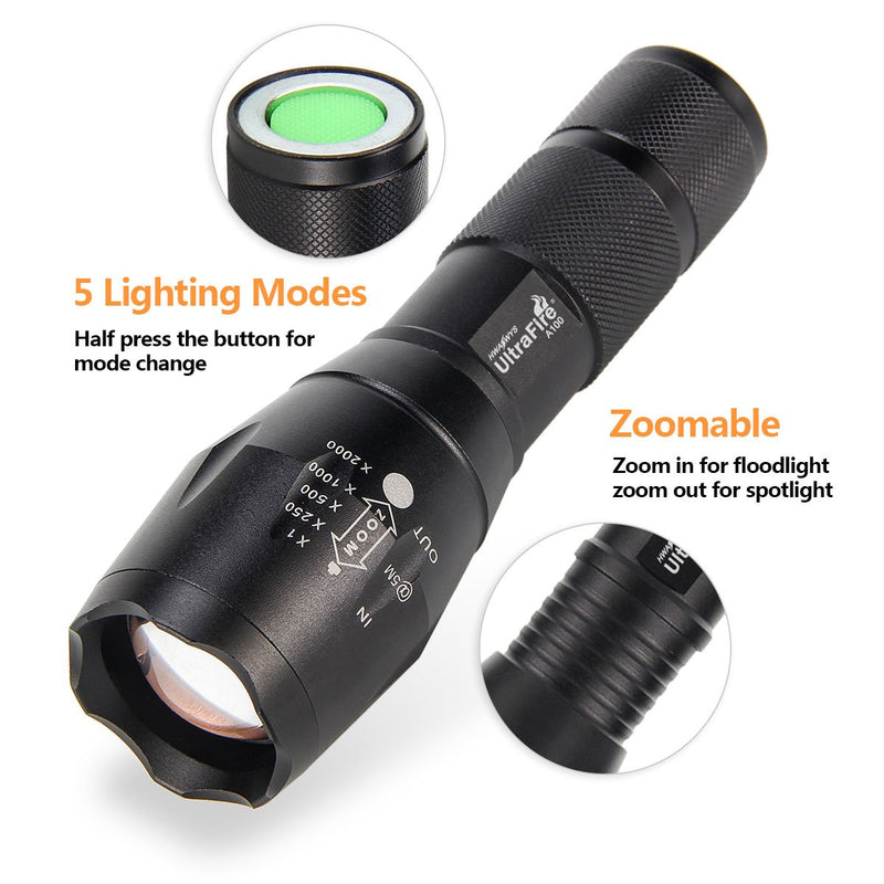 ULTRAFIRE Tactical LED Flashlight Hunting Flashlight A100 Focusable 3 Colors Exchange Glass Lens (Generate RED or Green Light ) - NewNest Australia