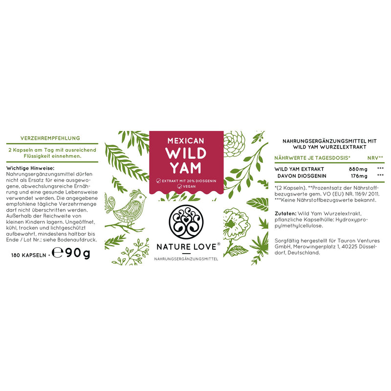 NATURE LOVE® Wild Yam Capsules - Original Mexican Wild Yam Root - High Dose with 880 mg Extract (of which 176 mg Diosgenin) per Daily Dose - 180 Vegan Capsules - NewNest Australia
