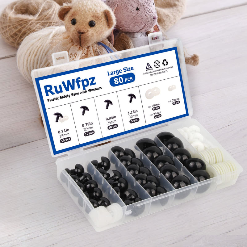 Large Safety Eyes for Amigurumi Crochet 18-30mm - RuWfpz 4 Sizes Stuffed Animal Eyes with Washers, 80Pcs Black Plastic Crochet Safety Eyes for Crafts Doll Bear Plush Animal - NewNest Australia