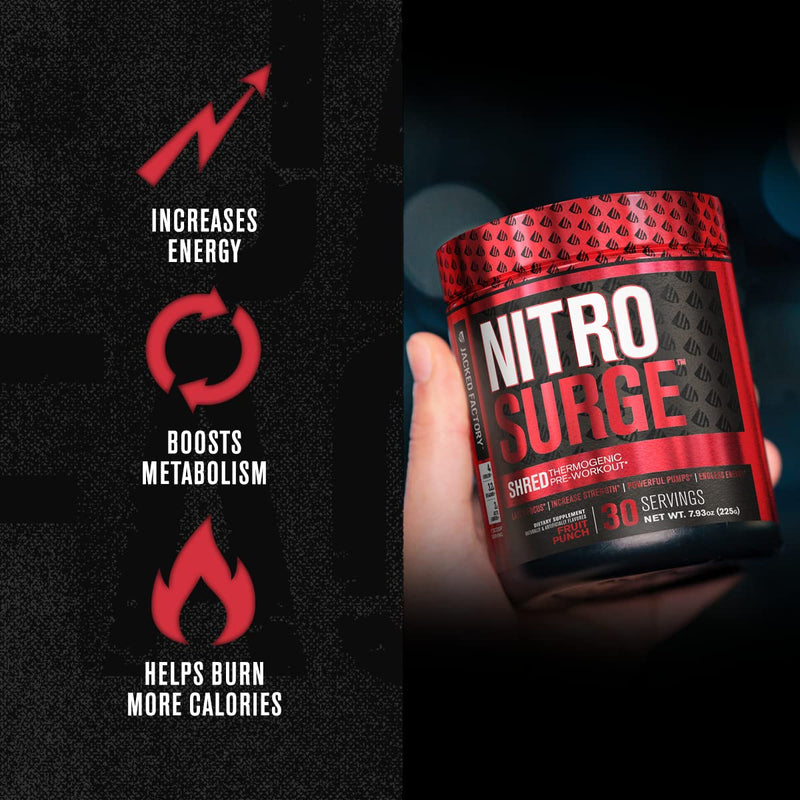 NITROSURGE Shred Pre Workout Supplement - Energy Booster, Instant Strength Gains, Sharp Focus, Powerful Pumps - Nitric Oxide Booster & PreWorkout Powder - 30Sv, Fruit Punch - NewNest Australia