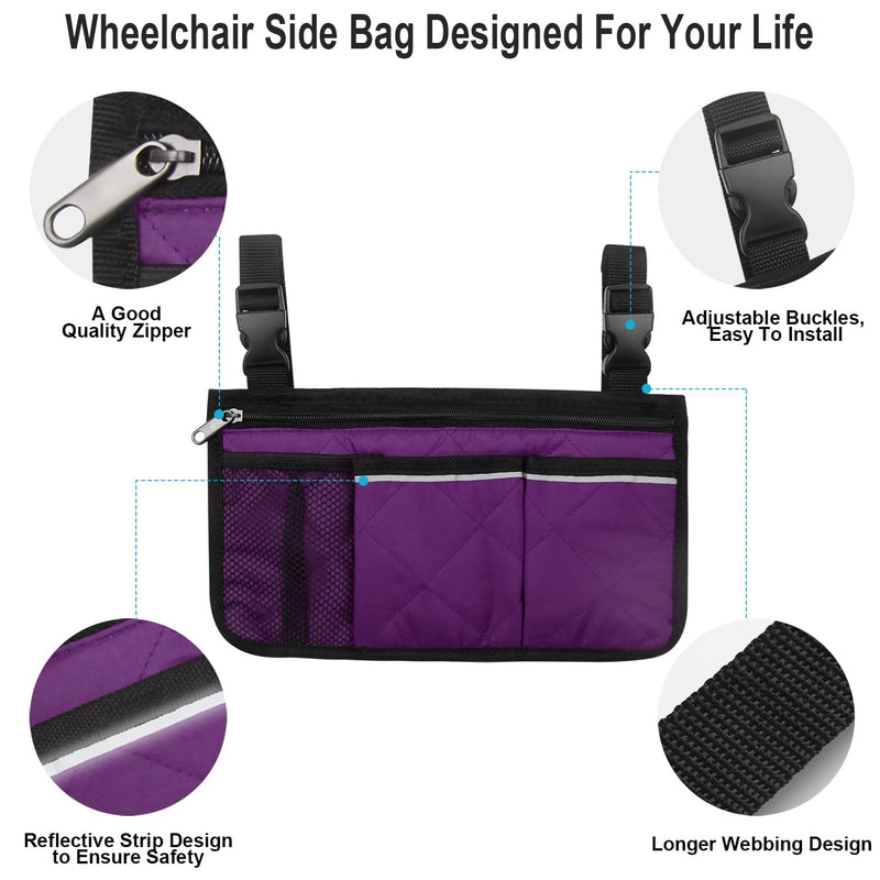 Wheelchair Side Organizer Storage Bag Armrest Pouch with Cup Holder and Reflective Strip, for Most Wheelchairs, Walkers or Rollators (Purple) Purple - NewNest Australia