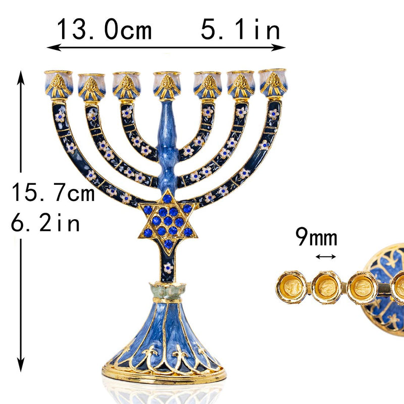 NewNest Australia - YU FENG 7 Branch Hanukkah Menorah Candle Holder Crystal Rhinestones Bejeweled Star of David Motif Hand-Painted Enamel Candlesticks 