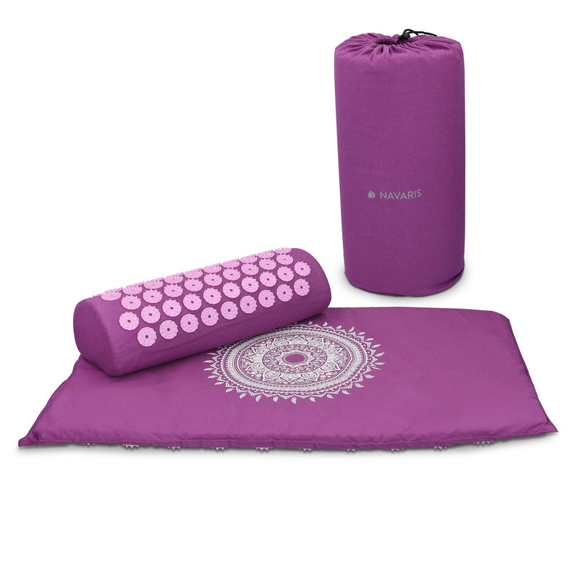 Navaris Acupressure Mat and Pillow Set - Acupuncture Mat for Back, Neck, Shoulders, Muscles, Relaxing - Includes Carry Bag - Berry, Indian Sun Design L Indian Sun - Raspberry Pink - NewNest Australia