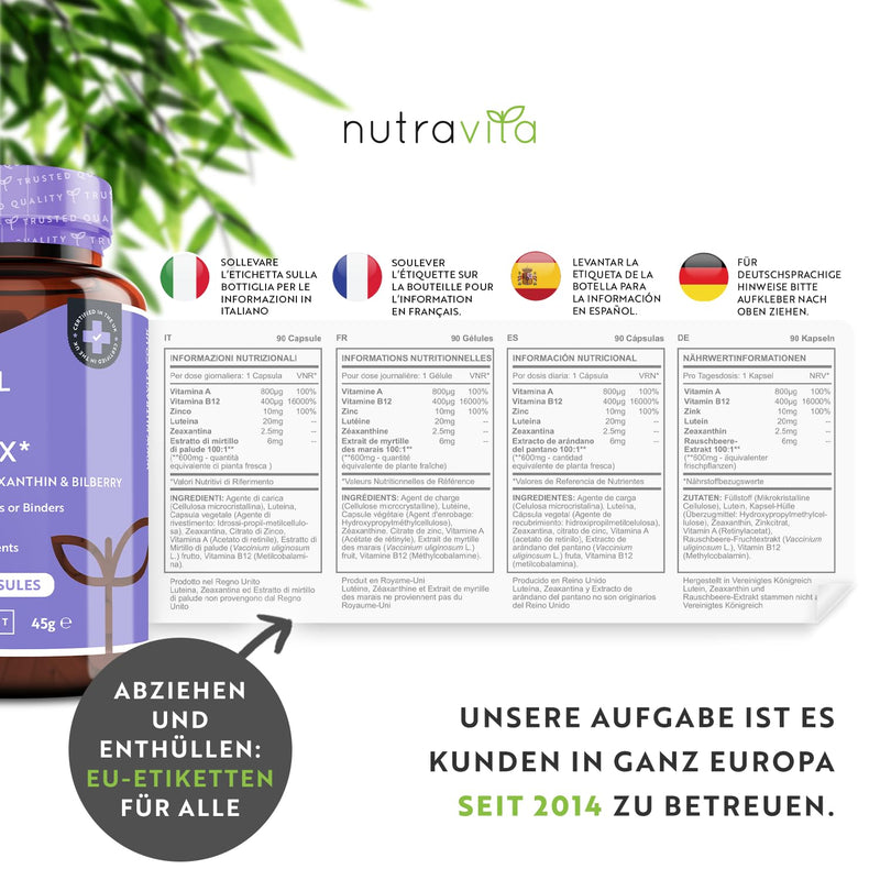 Natural Eye Capsules - High Dose With 20 Mg Lutein, 2.5 Mg Zeaxanthin, Blueberry Extract, Vitamin A, B12 & Zinc - 90 Vegan Capsules - No Unwanted Additives - 3 Month Supply - NewNest Australia