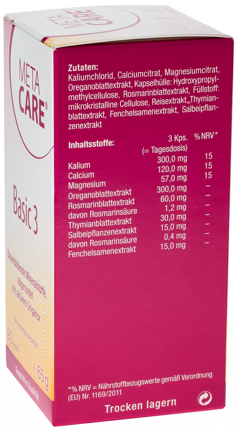 META CARE Basic 3 - Alkaline-forming minerals - Ideal for targeted alkaline supply - Rounded off with active Origanox - 90 capsules - NewNest Australia