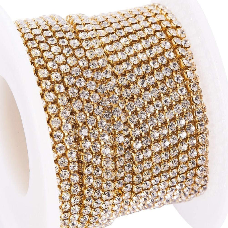 1 Roll 10 Yards Crystal Rhinestone Trim Close Cup Clear Chain with Gold Setting Base (SS6 2mm) SS6 2mm - NewNest Australia