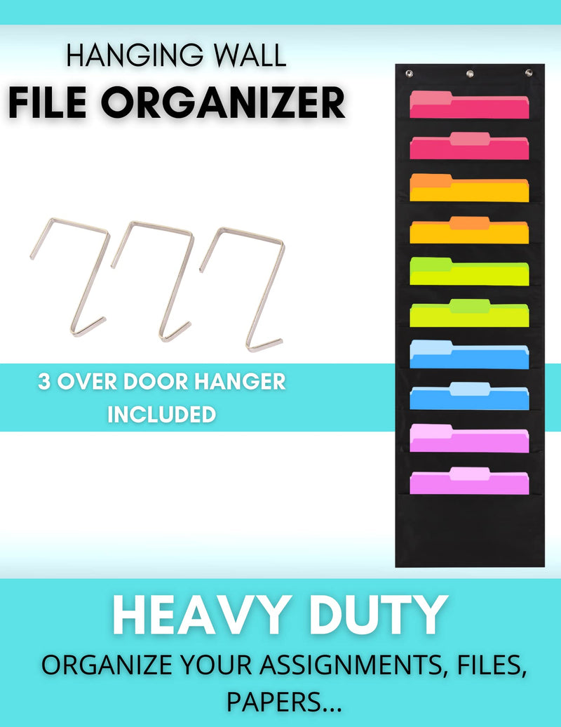 Heavy Duty Storage Pocket Chart (10 Pockets) - 3 Over Door Hangers Included - Hanging Wall File Organizer for File Folders Home/Office Papers & More - (Black), 14 inch x 47 inch - NewNest Australia